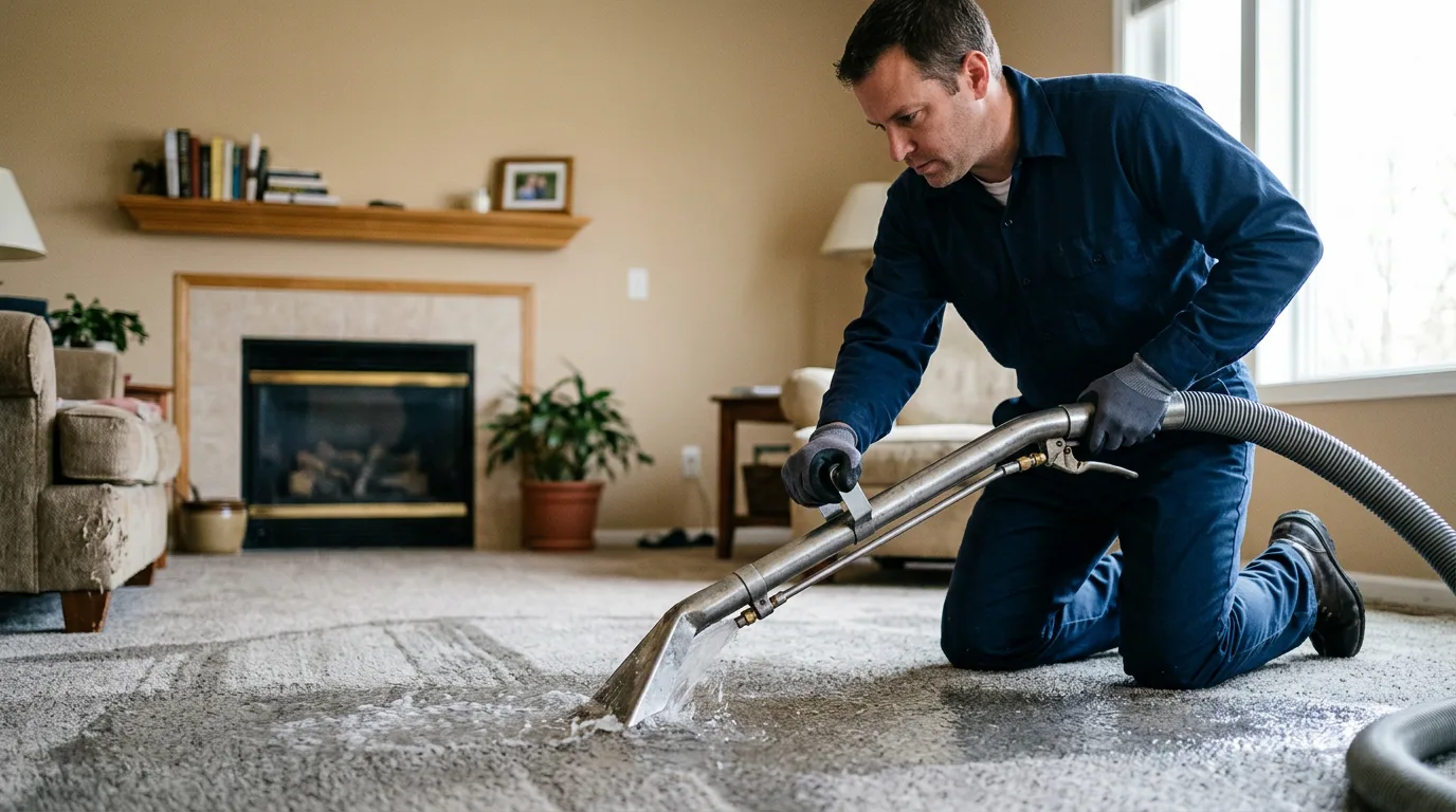 Water damage restoration technician working in a home in Connecticut