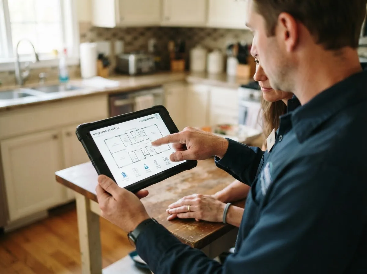 Water damage restoration technician inspecting a home in Connecticut